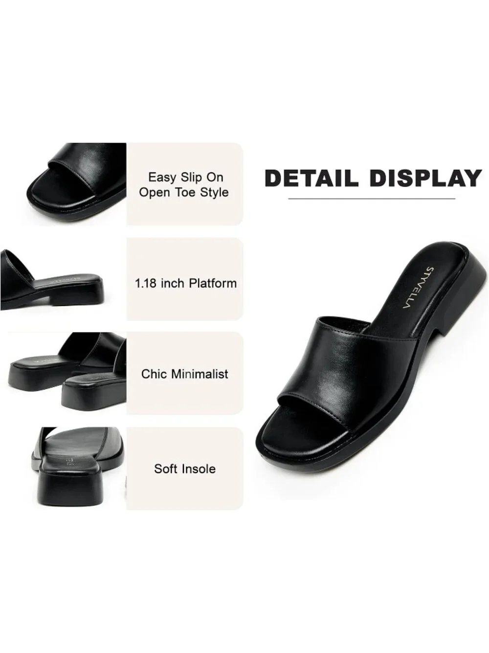 Women’s Black Faux Leather Comfortable Open Toe Fashion Backless Casual Flats